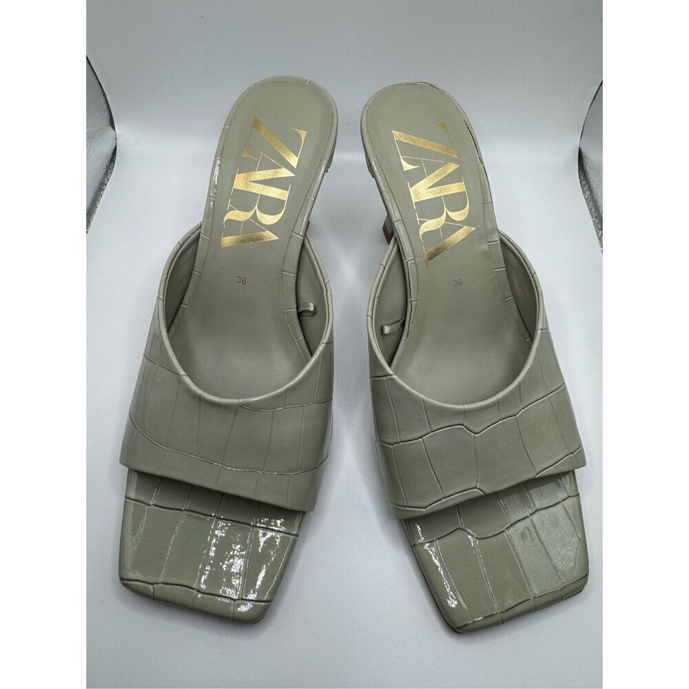 ZARA Women’s Faux Crocodile Animal Print Heel Mules Sage Green Sz EU 36/ US 6